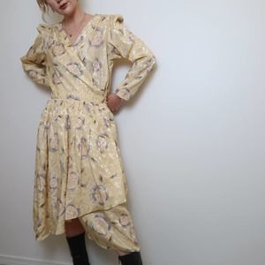 Vintage 80s yellow satin floral print midi dress